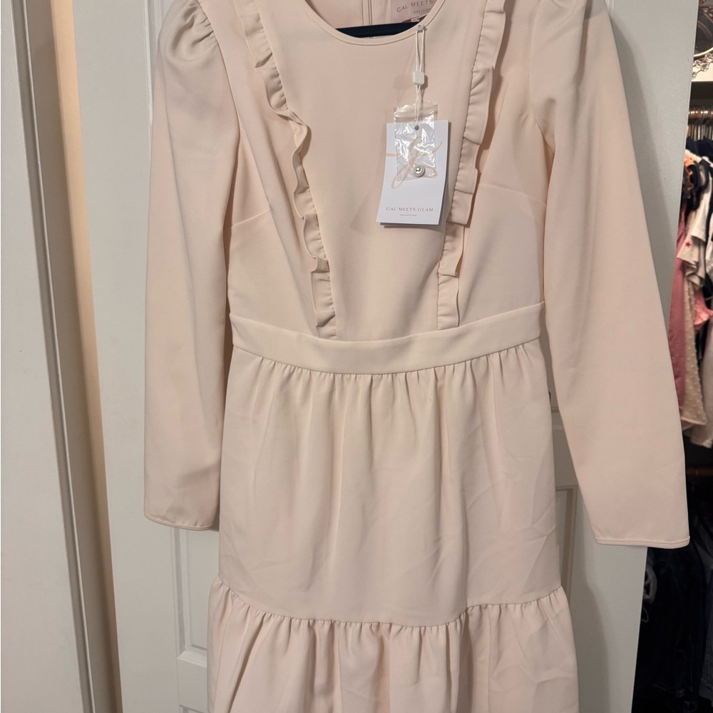 Cream Ruffle Trim Long Sleeve Dress